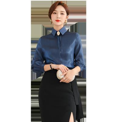 China Anti-pilling 2022 New Design One Button Big Office Lady Elegant Blouses Tops Luxury Silk Women Shirts for sale