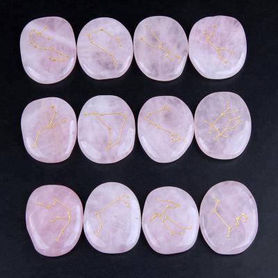 China Europe Bulk Wholesale 12 Constellations Rose Quartz Engraved Stones Tumbled Natural for sale