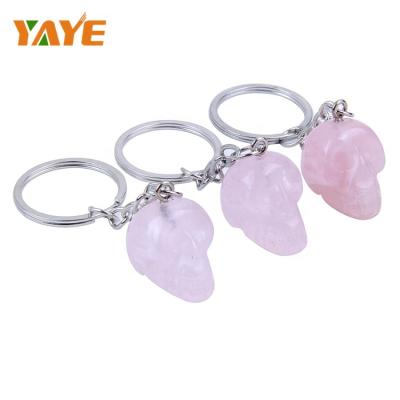 China Europe Factory Supply Natural Christmas Gift Rose Quartz Skull Craved Key Chain for sale