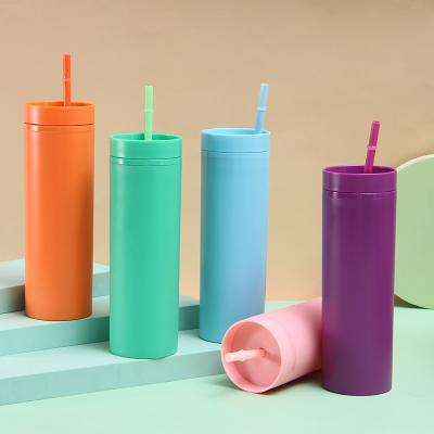 China Wholesale Viable 16oz Matte Straight Skinny Acrylic Tumbler Matte Cups With Plastic Colorful Lid and Straw for sale