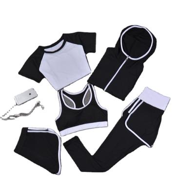 China Women's Sportswear Set 5pcs Yoga Fitness Wear Short Tights Bra Legging Pants Jacket T-Shirts Sport Wear Yoga Suit OEM for sale