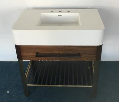 China Single Sink walnut wood veneer with brass metal base and black metal slats shelf hotel bathroom vanity for sale