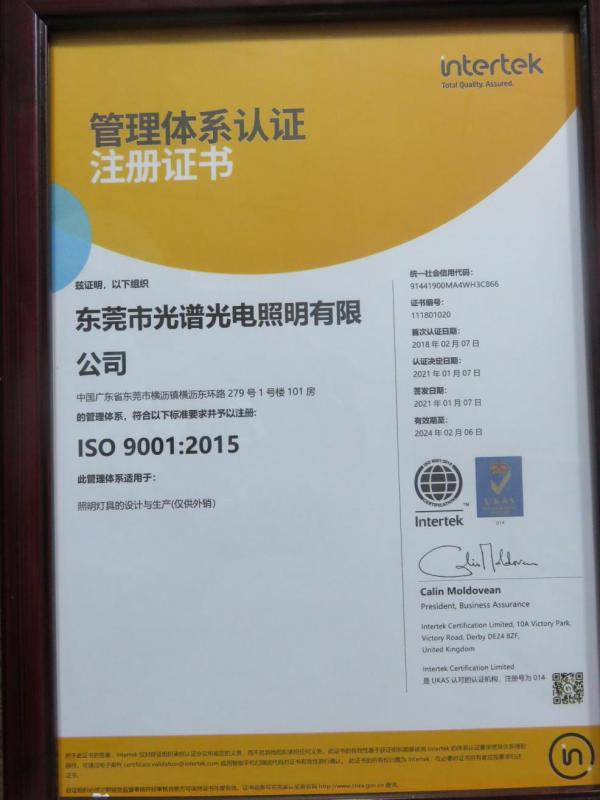 ISO9001 - Dongguan Light Shines Electric Lighting Co.,Ltd