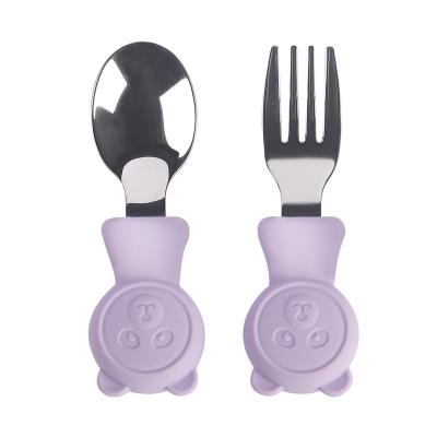 China BPA Free Eversoul 100% Food Grade Kids Silicone Handle Stainless Steel Spoon Fork  Baby Safe Healthy Material Children Easy Feeding Tools for sale