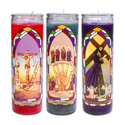 China Hot Relighting Religious Candle Sale Custom Jesus Glass 7 Day Church Candles for sale