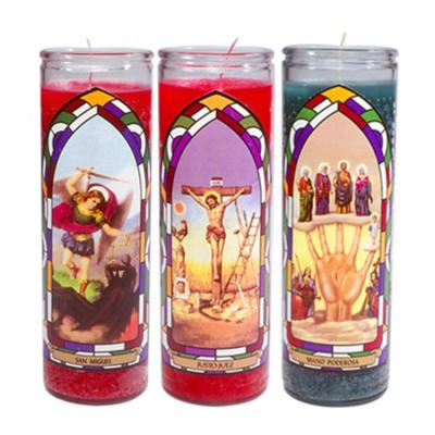 China Hot Selling Relighting Custom Colored Glass Paraffin Wax Jar Candle Saint Church Candles for sale