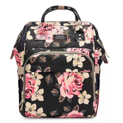 China Lokass Women Baby Backpack Water Resistant Diaper Bag Floral Maternity Bottle Warmer Diaper Bag With Diaper Pad for sale