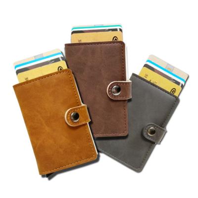 China 2021 RFID Noise Up Metal Wallet RFID Blocking Automatic PU Credit Card Holder Aluminum Leather Wallets for sale