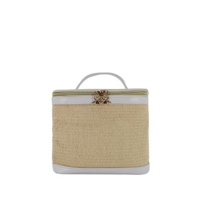 China 2022 New Luxury Cosmetics Case Casual White Leather Straw Woven Women's Patchwork Lovely Cosmetics Bag for sale