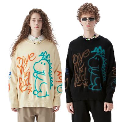 China Breathable Unisex Top Women Round Neck Knitwear Small Dinosaur Graffiti Print Sweater Male And Female Korean Loose Couples Knit Sweater for sale