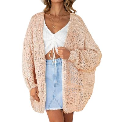 China 2021 factory custom factory custom 2021 crochet nude women's clothing Anti-wrinkle casual hollow long sleeve knitted sweater lady cardigan mid length coat for sale