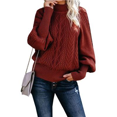 China Anti-wrinkle 2021 casual clothing women 60%cotton drop loose fit knitting sweater sweaters solid lantern neck turtleneck long sleeve tracksuit for sale