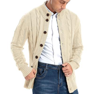 China 2021 Anti-Shrink New Custom OEM and ODM Sleeve Long Men's Fashion Casual Slim Fit Button Down Cable Knit Stand Collar Cardigan Sweater for sale