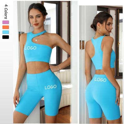 China 2022 Summer Wholesale Logo Gym Biker Shorts Custom Breathable Fitness Sets Sexy Tops Yoga Wear Workout Yoga Shorts Pants Two Piece Set for sale