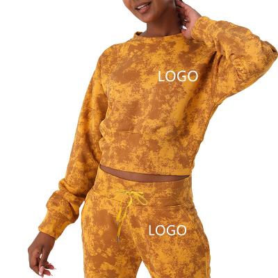 China 2022 Wholesale Custom Breathable Sweatshirt Set Breathable Gym Tracksuit Women Tie Dye Joggers Set Four Way Workout Set for sale