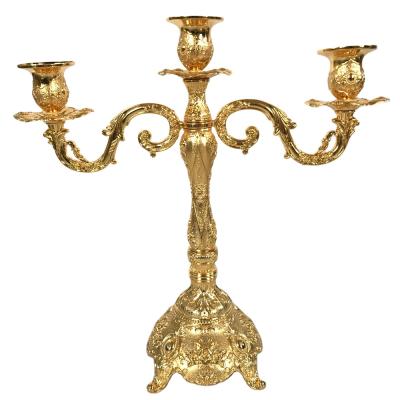 China Weddings Wedding Candelabra Three Branch Candle Holder Zinc Alloy Gold Color for sale