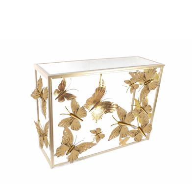 China Modern Butterfly Shape Gold And Temper Glass Cafe Stainless Steel Console Table for sale