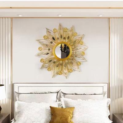 China Custom Modern Minimalist Home Metal Gold Sun Mirror Faux Iron Flower Wall Hanging Decoration for sale