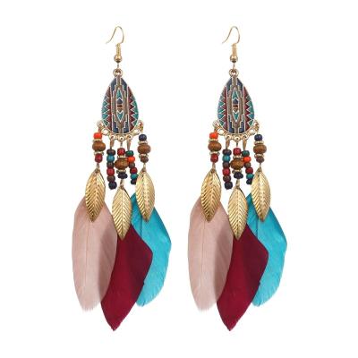 China High Quallity Fashion Tassel Feather Earrings Female Bohemia Personality Bead Stud Hanging Long Earrings Jewelry Wholesale for sale