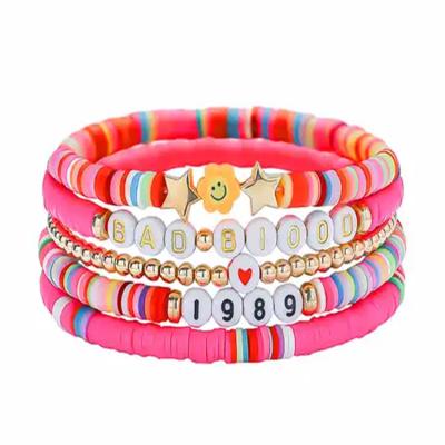 China CLASSIC Bohemian Elastic Stackable friendship clay bead bracelet multicolor soft clay bracelet with beads and letters for sale