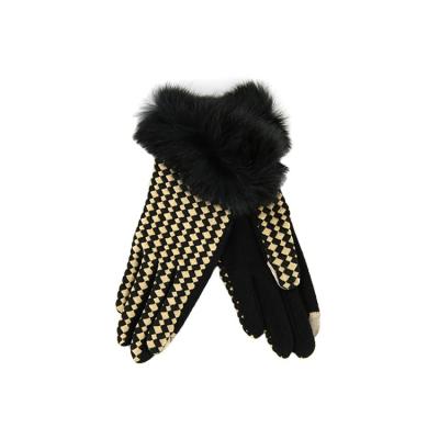 China Custom Full Finger Tweed Back Fabric Bike Glove With Rabbit Fur Cuff for sale