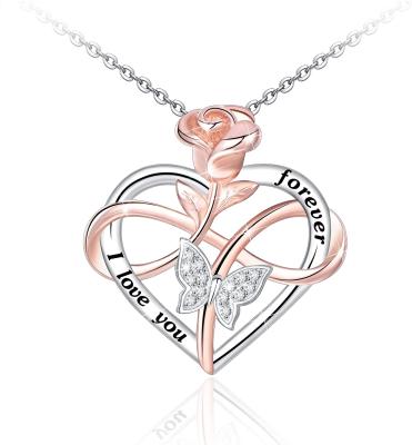 China Wholesale TRENDY Jewelry 925 Sterling Silver Heart Rose Butterfly Necklace Collections For Women Girls Birthday for sale