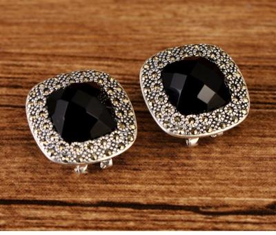 China Vintage 925 Sterling Silver Mosaic Black Agate Stud Earrings 2021 for sale