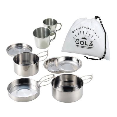 China Eco-friendly Portable Rising Displacement Stainless Steel 8pcs Non Sticky Outdoor Camping Cookware Set for sale