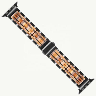 China Stainless Steel Custom Compatible Watch Accessories Wooden With Stainless Steel Smart Watch Strap Bands For Apple Watch for sale