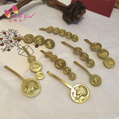 China 2021 BELLEGIRL 2021 Popular Vintage Baroque Metal Style Metal Hairpin Medallion Gold Metal Coin Royal Hair Clips Women Accessories for sale