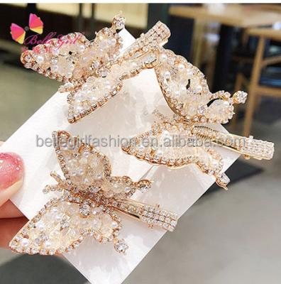 China 2021new wholesale fashionable hair band BELLEGIRL gold plated hair clips accessories fashion pearl butterfly hair clips for sale