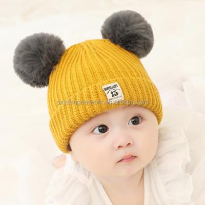 China COMMON Winter Keep Warm Beanie Knitted Hat Plush Double Pom Pom Beanies Baby Kids Wool Ball for sale