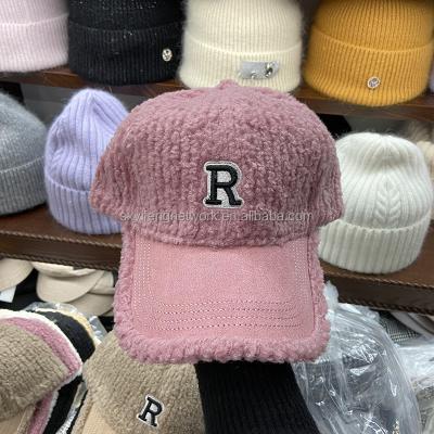 China COMMON Letter R Logo Baseball Winter Sports Caps Custom Fashion Embroidery Lamb Hat Men Women Wool Cap Trucker Hat for sale