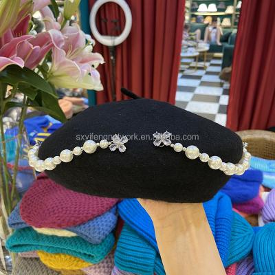 China Winter COMMON Warm Berets Women Woolen Fashion Crystal With Big Pearl Chain Beret Luxury Wool Hat For Girls for sale