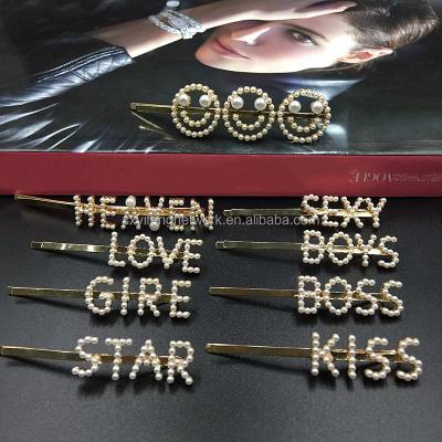 China Luxury Custom Fashion Pearl Word Clip Smile Face Hair Clips Word Letter Hairpins For Women Hair Accessories for sale