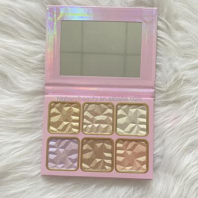 China New 6 Colors Makeup Waterproof Pink Highlighter Palette Diamond Wrapping Shimmer Pressed Powder Highlighter for sale