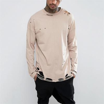 China 2021 Bulk Custom Anti-wrinkle OEM Plain White Distressed Long Sleeve Drop Shoulder Streetwear T-Shirts For Men for sale