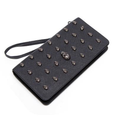 China Retro Punky Ladies Women Wallet Long Clutch Purse PU Zipper Rivet Waterproof Black Leather Wholesale Purse With Skull for sale