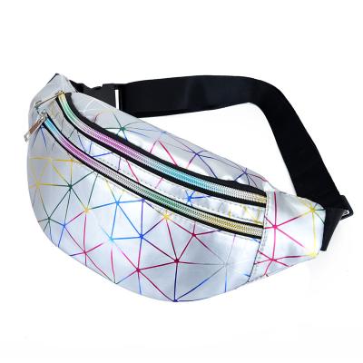 China Custom Water Proof Women Colorful Glitter Fanny Pack Female Belt Bag Geometric PU Waist Packs Laser Chest Phone Pouch Gifts for sale