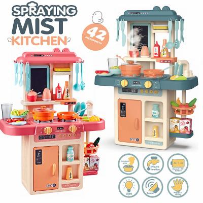 China Multifunctional Electric Accessories Kids Real Happy Mist Spray Cooking Table Set Large Wooden Kitchen Toy Set Play For Girls Children Toy Toys for sale