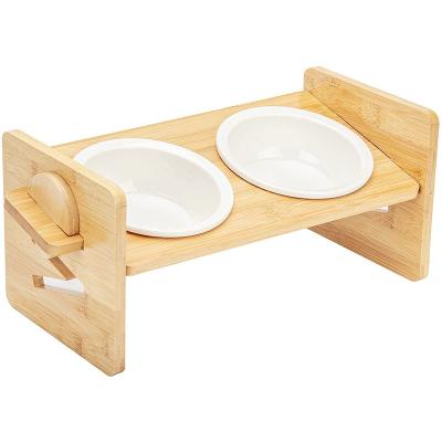 China Non-automatic Tray Bamboo Cat Feeding Bowl Adjustable Raised Pet Food Holder Dog Food Holder with 2 Ceramic Bowls for sale