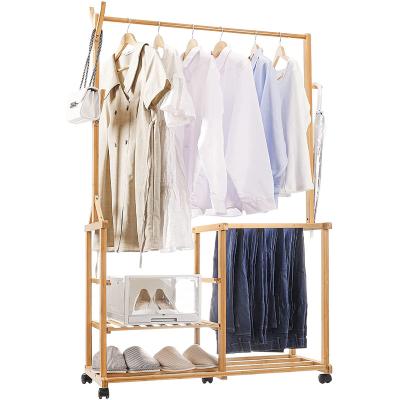 China Modern Bamboo Garment Rack Bamboo Hanger Clothes Rack Organizer With Adjustable Layer Hook for sale