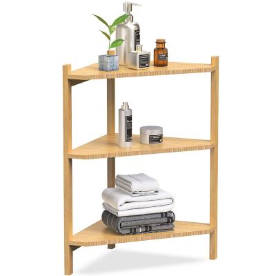 China 3 Tier Corner Modern Bamboo Shelf Freestanding Storage Shelf For Bathroom Living Room Kitchen for sale