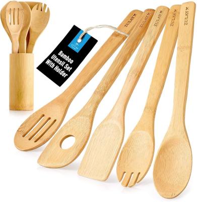 China Sustainable Eco - Friendly Wooden Pouches Set Of 5 Bamboo Food Utensils With Holder for sale