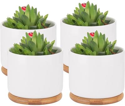 China Plant Pot 4 Packs Ceramic Plant Pot Flower Succulent Planter with Bamboo Tray for sale