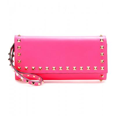 China Bright Neon - pink Rivet Ladies Leather Wallets with Leather Wrist Strap for sale