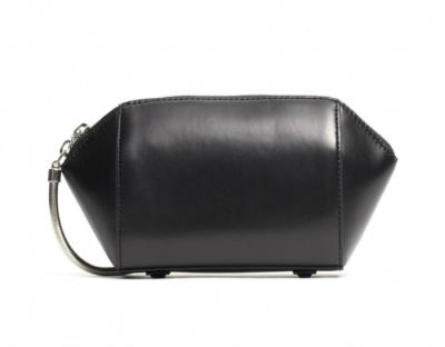 China OEM Black Leather Cosmetic Bag with Interior Mirror Tag / Chain Wristlet Strap for sale