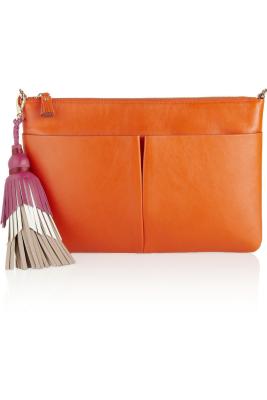 China Orange Two Pockets Leather Big Cosmetic Bag Tassel Joint For Women for sale