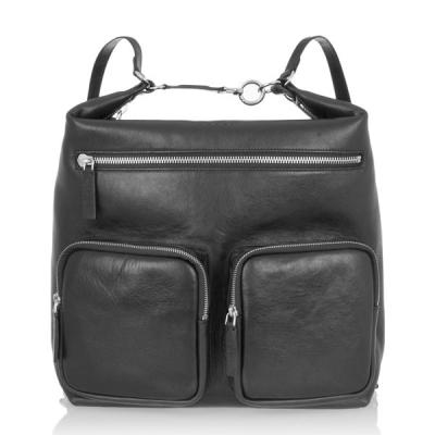 China Matte Black Grain Leather Handmade Leather Bckapck Bag , Bright Silver Metal YKK zip for sale