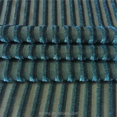 China Soft New Fashion Green Striped Velvet Upholstery Pleuche Fabric With Drop Needle Rib For Fashion Garment for sale